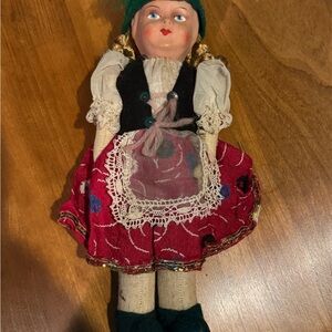 Vintage German Doll with Red Dress and Green Hat, excellent condition